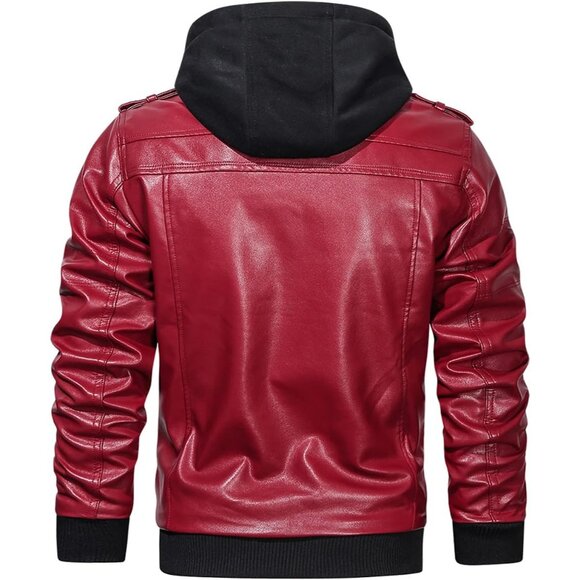 Mens Red HOOD CREW Faux Leather Motorcycle Bomber Jacket Removable Hood - Picture 3 of 5